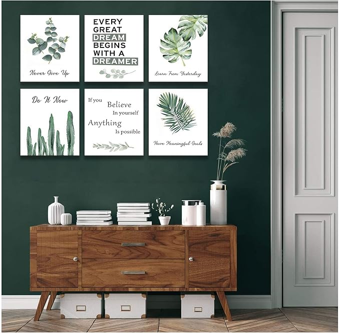 6 pcs Office Inspirational Botanical Canvas Wall Art Eucalyptus Leaves Sage Motivational Quotes Painting Picture Wall Decor Never Give Up Poster Print Artwork For Classroom Bedroom Home Decoration