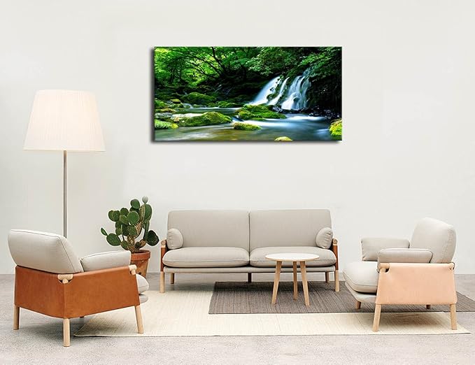 Waterfall Canvas Wall Art Living Room Decoration Large Nature Picture Artwork Modern Wall Art Landscape Green Forest for Kitchen Office Wall Decor Home Decorations Framed Ready to Hang 20" x 40"