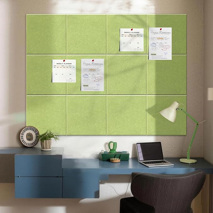 MISSDAY Green Acoustic Wall Panel Large Felt Bulletin Board 48" x 36" Cork Board for Wall, 12-Pack Boards with 72 Adhesive Tabs, 50 Pins, Pin Board for Home Office Classroom Soundproof Wall Tile