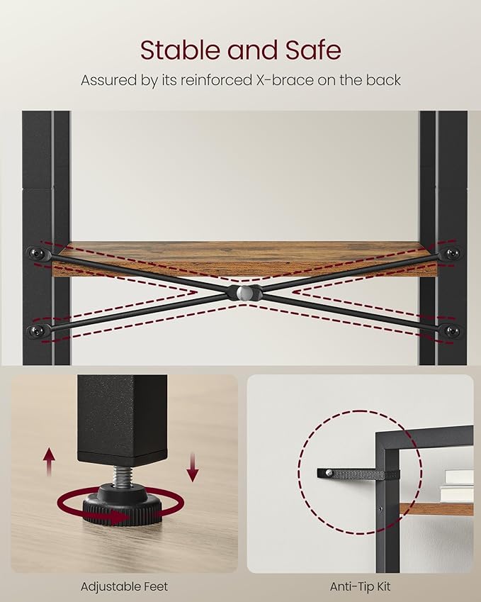 VASAGLE 3-Tier Bookshelf, Bookcase with Steel Frame, Book Shelf for Living Room, Home Office, Study, 9.4 x 15.7 x 30.1 Inches, Industrial Style, Rustic Brown and Ink Black ULLS098K02