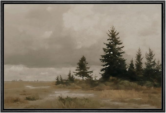 MUDECOR Framed Canvas Print Wall Art Tranquil Landscape with Evergreen Trees Muted Earth Tones Illustrations Minimalism Decorative Relax Colorful for Living Room, Bedroom, Office - 24"x36" BLACK