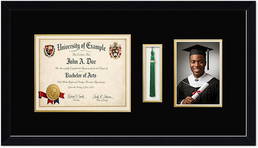 CountryArtHouse Diploma Tassel and Photo Shadowbox Fits 10 x 8 Professional License with Tassel Hook and 5 Matte Black Genuine Hardwood with Black Over Metallic Gold Double mat