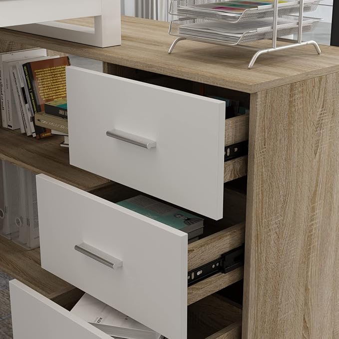 Homsee Home Office Computer Desk Corner Desk with 3 Drawers and 2 Shelves, 55 Inch Large L-Shaped Study Writing Table with Storage Cabinet - Walnut and White