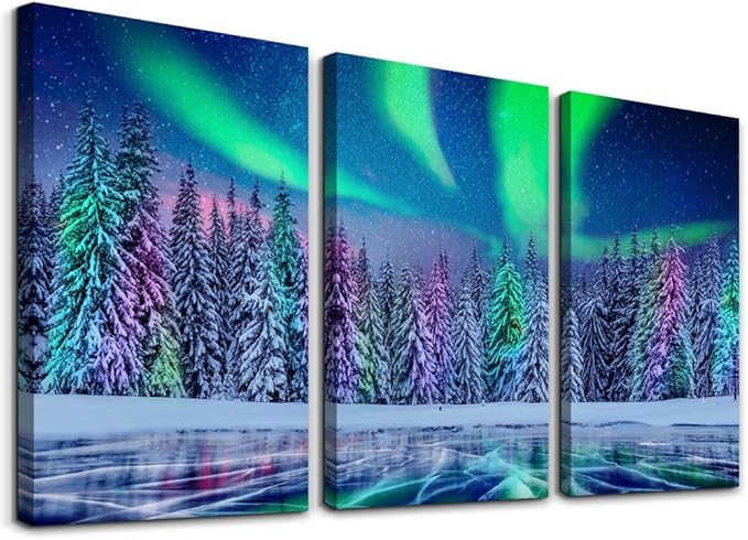 Lapremoly Canvas Wall Art For Living Room Wall Decorations For Bedroom Stretched And Framed Canvas Prints Paintings Aurora Scenery Pictures 3 Piece Bathroom Wall Decor Ready To Hang For Home Decor