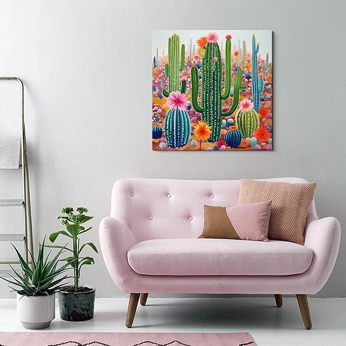 Goldfoilart Botanical Wall Art Framed Canvas - Boho Tropical Plant Print with Cactus & Succulents Green Floral Nature Artwork 24x24 Inch Ready to Hang for Bathroom Living Room Office