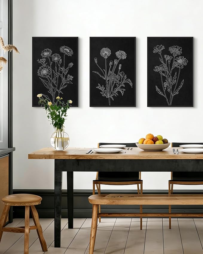 Drsoum Black White Flower Wall Art Vintage Minimalist Floral Wall Hanging Decor Bohemain Botanical Prints Artwork for Bedroom Living Room Hallway 16x24in Black Framed