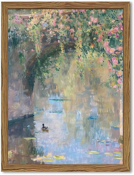 Framed Vintage Monet Canvas Wall Art, Floral Landscape Wall Decor Paintings, Country Nature Pictures Prints Aesthetic Home Decor for Living Room Bedroom Bathroom 16x24 inch