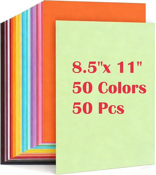 50 Sheets Colored Cardstock, 8.5" X 11" Colored Card Stock, 50 Assorted Colors Construction Colorful Paper Card Stock Printer Paper for Printing, Card Making, DIY Crafts, Party Decorations (180 GSM)