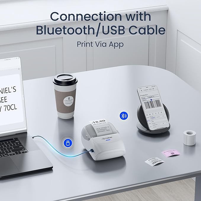 CLABEL Label Maker Machine with Tape, 221B Thermal Bluetooth Label Printer 2 Inch Portable Barcode Inkless Sticker for Small Business, Retail Office,Office, Home, Came with 1 Roll Label (Gray White)