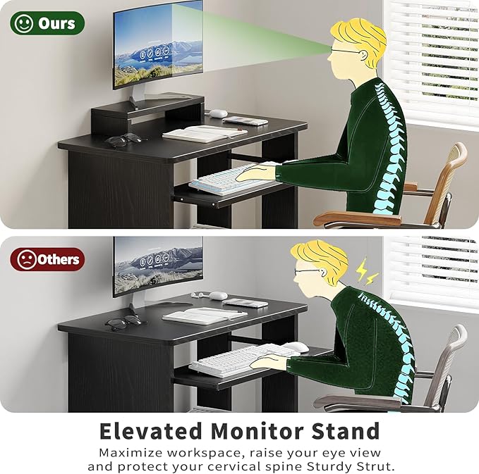 ALISENED 30" Small Computer Desk with Keyboard Tray Monitor Stand, Study Writing Desk with Storage Shelves, Modern Workstation for Small Spaces, Save Space, Black A