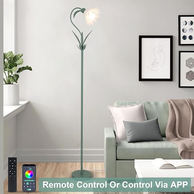 HMVPL Flower Floor Lamp for Living Room, Flower Standing Lamp with Remote Control, Floral Cute Tall Lamp with RGB Bulb, Dimming, Timer, Arc Vintage Floor Lamp for Bedroom Corner Kids Room Reading