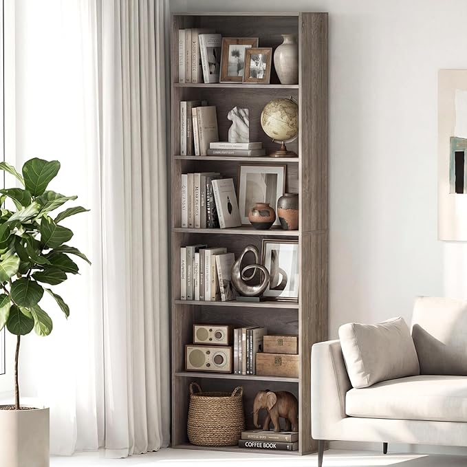 Tangkula 6-Tier Bookcase, 70” Tall Freestanding Bookshelf with 6 Open Shelves, Anti-Toppling Kits, Floor Display Storage Organizer for Living Room, Study, Kitchen, Home & Office (Gray, 70" H)