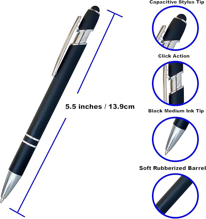 Pack of 5 Rubberized Comfort Soft Touch 2 in 1 Ballpoint Pen Capacitive Stylus Tip, Premium Metal Medium Point, Black Ink, Compatible with Most Touch Screens (Assorted)