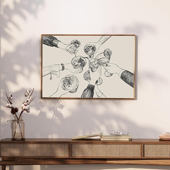 Kitchen Wall Art Vintage Cheers Sign Art Prints Friends Clinking Bar Cart Painting Trendy Cheers Cocktail Poster Abstract Retro Artwork for Home Living Room Kitchen Dining Bar Wall Decor, Unframed