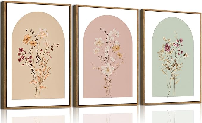 KISSFOX 3 Piece Framed Wall Art Wildflower Wall Decor Floral Pictures Botanical Canvas Art Pink Green Yellow Paintings Minimalist Boho Artwork For Girly Room Bedroom Living Room