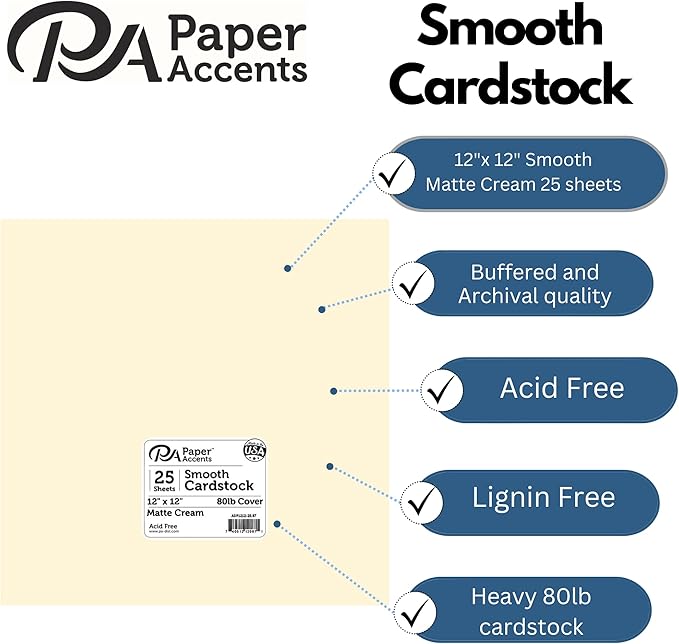 PA Paper Accents Smooth Cardstock 12" x 12" Matte Cream, 80lb colored cardstock paper for card making, scrapbooking, printing, quilling and crafts, 25 piece pack