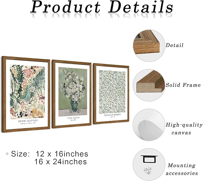 JLTULT 3 Piece Vintage Sage Green Canvas Wall Art, Van Gogh Matisse Wall Decor, Botanical Painting Artwork Prints for Living Room Bedroom Home Office 12X16 inch Wood Framed Easy to Hang
