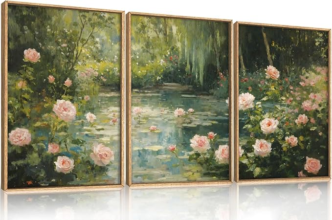 Aryroi Water Lilies Monet Framed Canvas Wall Art Set,Garden Pond Impressionist Floral Wall Decor,Vintage Oil Green Vibrant Flower Botanical Artwork for Living Room, Bedroom,Farmhouse- 24"x36"x3