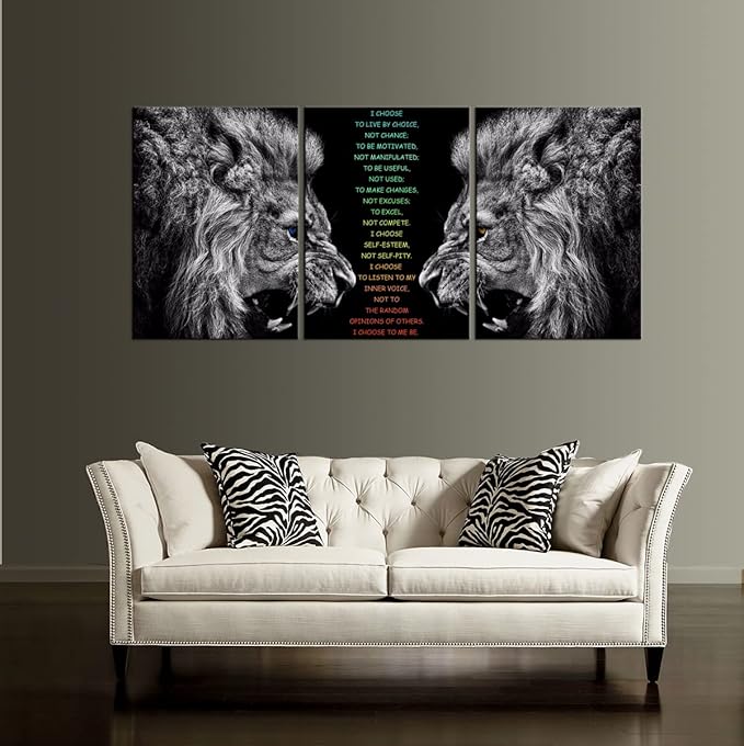Inspirational I Choose Poster Motivational 3 Pieces Lion Wall Art for Office Inspirational Canvas Painting Prints Wall Pictures for Living Room Home Decor Framed Artwork [60''Wx 28''H]
