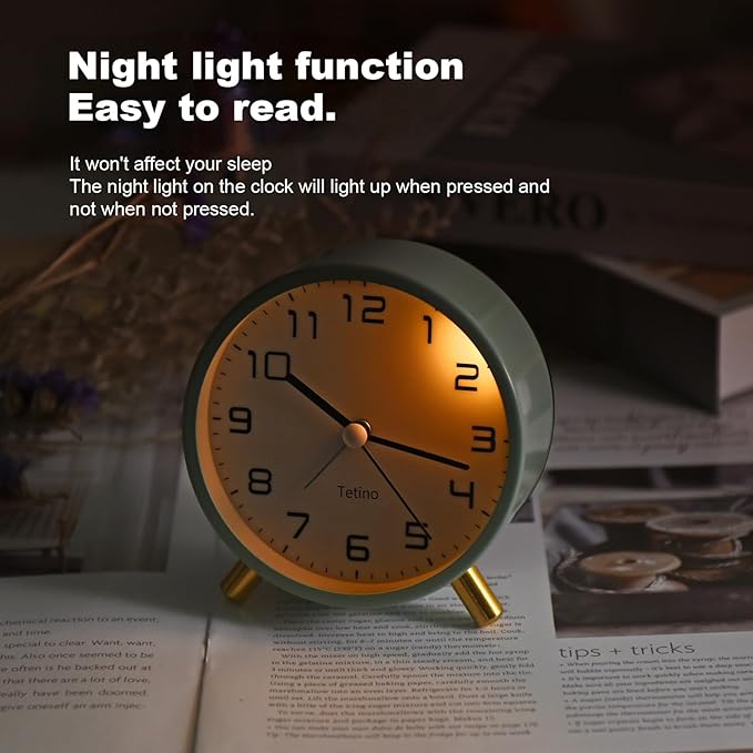Analog Alarm Clocks,Retro Metal Desk Silent Non Ticking Small Clock with Night Light,Battery Operated,Simple Design,for Bedrooms, Bedside,Office,Home Décor (White)