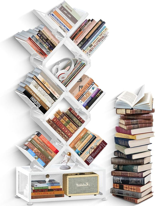HI NINGER Tree Bookshelf,9 Tier Folding Bookshelf with Storage Cabinet, Tall Narrow Bookshelves Organizer,Bookcase Tower,Tall Floor Standing Book Organizer for Living Room/Bedroom/Home Office/Corner