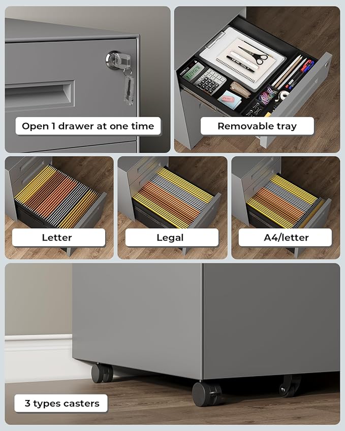 Dripex 3 Drawer File Cabinet, Mobile File Cabinet with Lock on Wheels, Letter/Legal Size, Fully Assembled, Modern Small Short Vertical Metal Rolling Filing Cabinets Under Desk for Home Office (Grey)