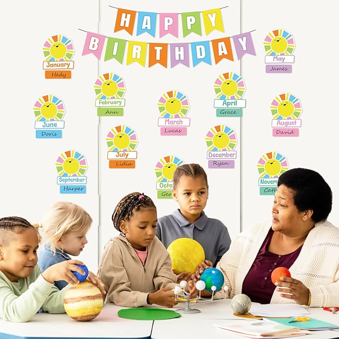 JarThenaAMCS 85Pcs Happy Birthday Bulletin Board Set Colorful Sun Calendar Poster Cartoon Cute Classroom Birthday Chart for Back to School Nursery Wall Decorations