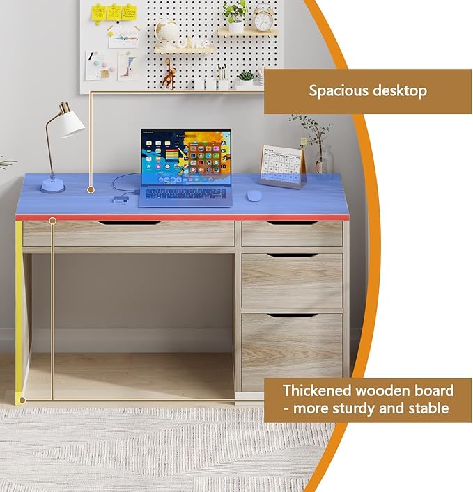 Small Desk with Drawers, 52 Inch Home Office Desk with Storage for Bedroom, Computer Desk with Filing Drawer for Small Space, Walnut