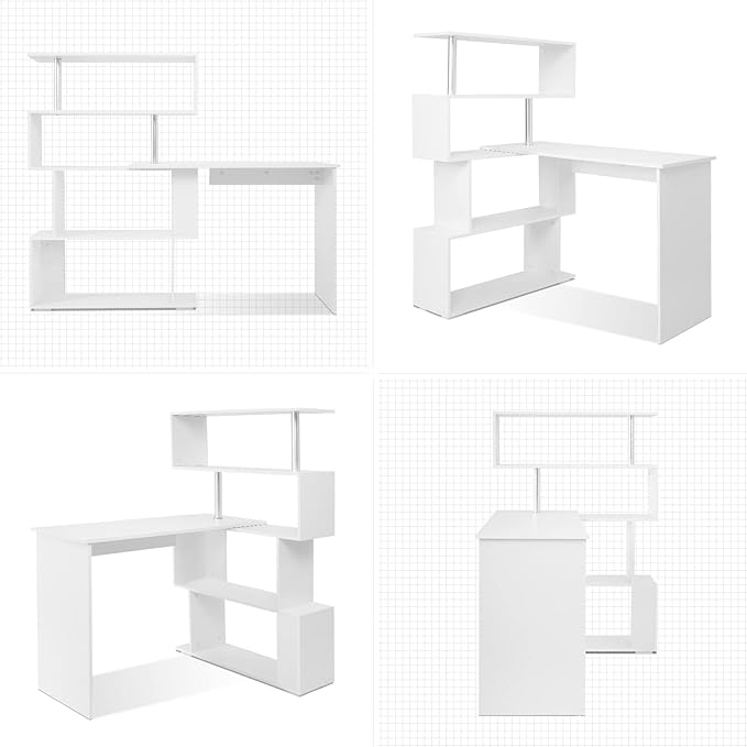 41.7" L Shaped Desk with 4-Tier Storage Shelves, Computer Corner Desk for Study Home Office Living Room (White)