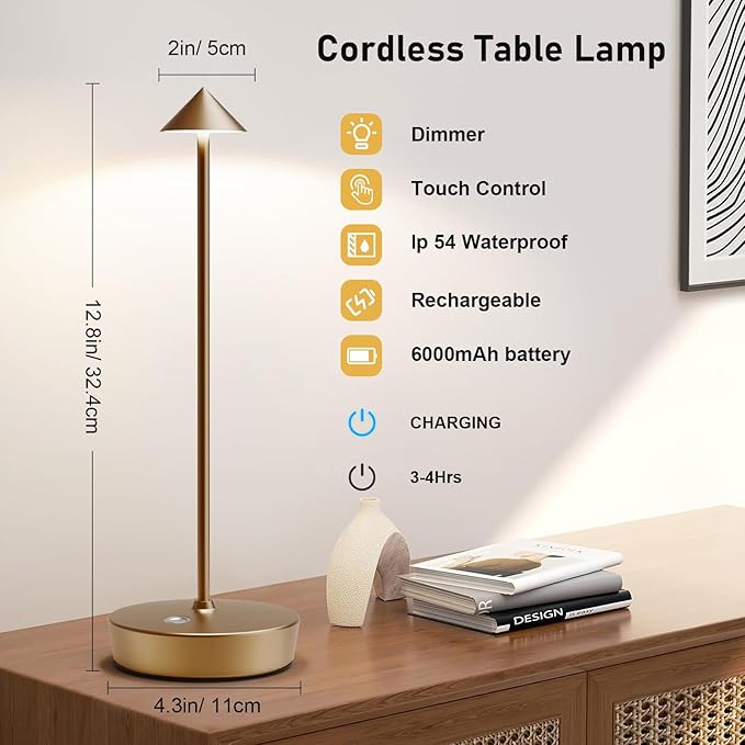 Rechargeable Cordless Table Lamp, 6000mAh LED Battery Operated Desk Lamp Touch 3 Color Stepless Dimming Portable Outdoor Waterproof Table Light for Patio/Restaurant/Dining/Home(Bronze)