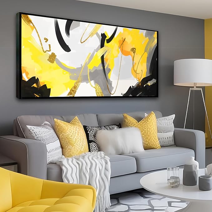Yellow and Black Canvas Wall Art for Living Room, Colorful Fluid Lines Wall Decor Canvas Paintings, Black Framed Artwork Modern Paintings Pictures Wall Decor 24" x 48"(Framed)