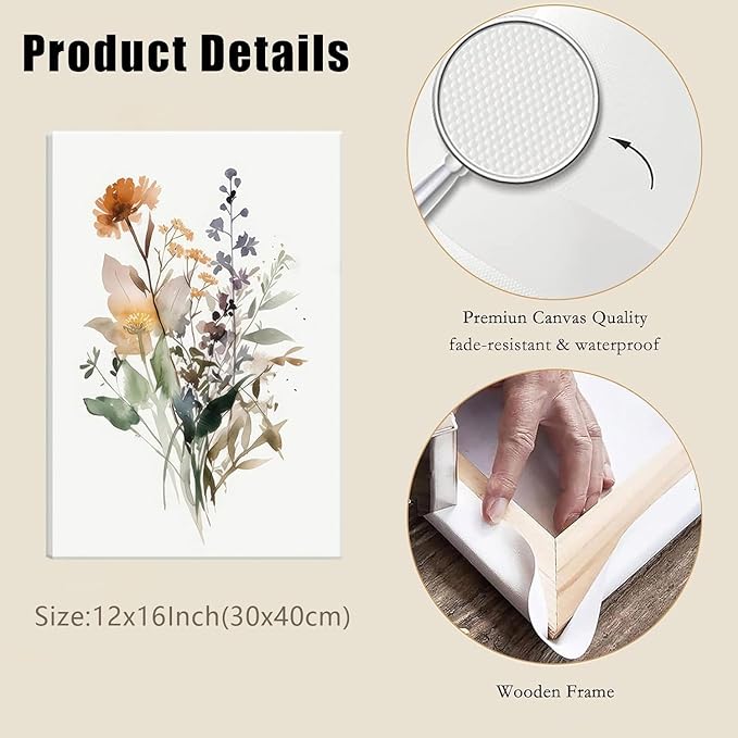 Bwodke Framed Wildflower Wall Art Colorful Botanical Floral Poster Canvas Prints Set of 3 Minimalist Watercolor Flower Pictures Vintage Farmhouse Decor Painting Bedroom Bathroom Living Room 12"x16"