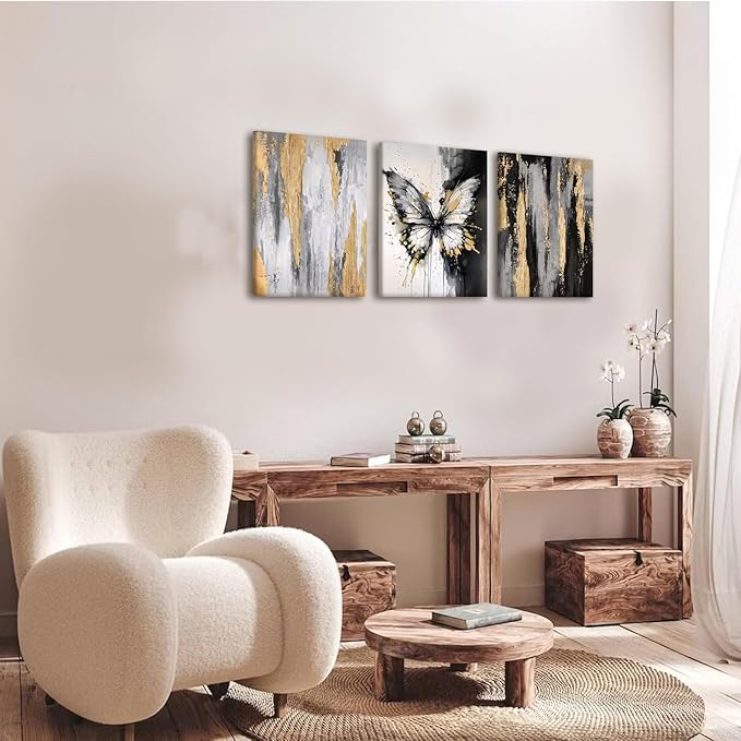 NCCXNCC 3Pcs Abstract Black and Gold Flowing Butterfly Canvas Wall Art Modern Minimalist Wall Decoration Artwork Black and White Abstract Poster Print Suitable for Living Room/Office16x24Inch Framed