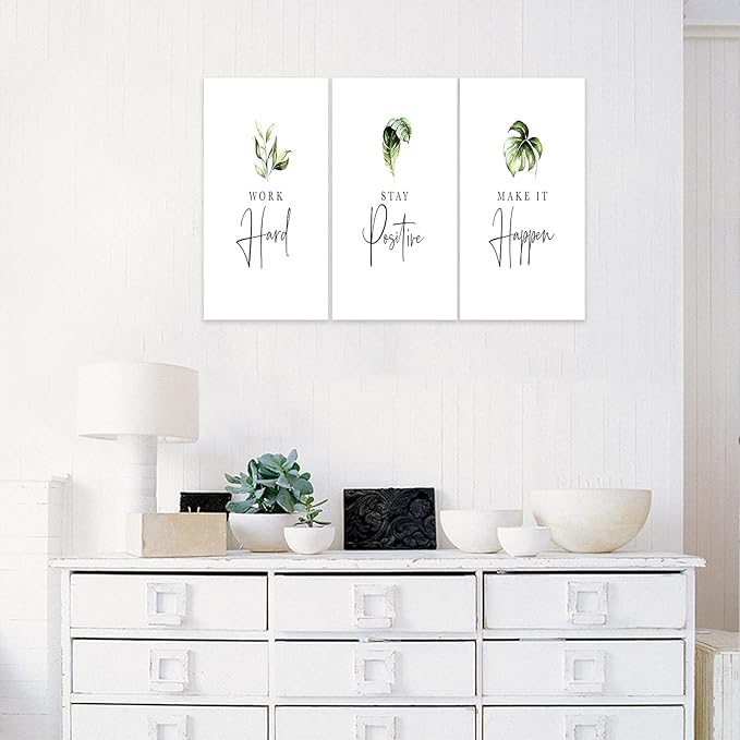 3 Piece Inspirational Wall Art, White Plants Sayings Picture, Quotes "Work Stay Make it" Canvas Prints for Office Decor, Triptych Entrepreneur Framed Artwork for Women Men Home Wall Decor (36"Wx24" H)