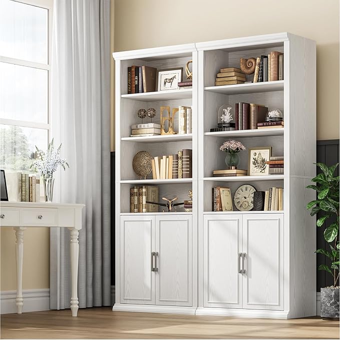 Rresyet 28" W Bookcase and Bookshelf with Doors, Modern Tall Bookshelf 6-Tier White Bookshelves with Storage Cabinet for Office, Living Room, Library