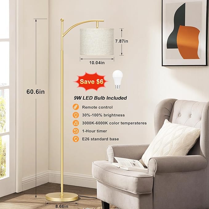 Ambimall 60" Floor Lamps with Remote Control & Bulb, Colors Temperature & Brightness Adjustable, Beige Shade & Gold Pole
