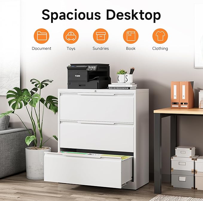 Coolsun Metal File Cabinet with Lock, 3 Drawer File Cabinet for Home Office, Lockable Lateral Filing Cabinet for A4/F4/Lagel/Letter Assembly Required (White, 3 Drawer Lateral)