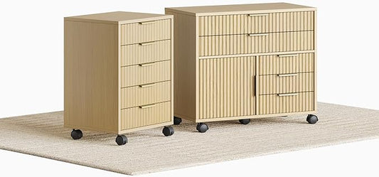 Home Office Furniture Set, Fluted Wooden File Cabinet with Locable Wheels, Filing Cabinet with 5 Drawers for Home Office, Light Walnut
