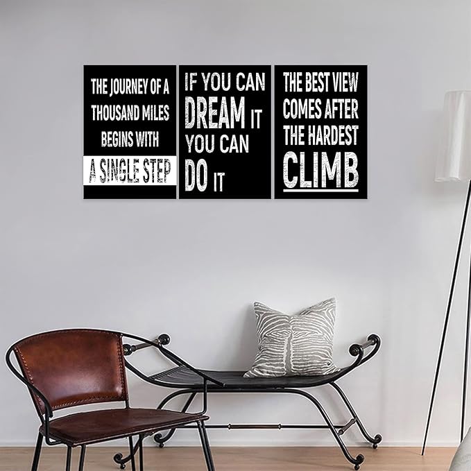 3 Piece Inspirational Wall Art, Black Background Sayings Picture, Quotes Motivational Canvas Prints for Gym Wall Decor, Triptych Entrepreneur Painting Framed Artwork for School Decor (36"Wx24" H)