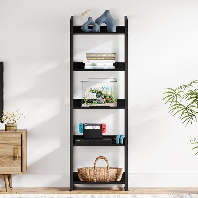 Hosfais 5 Tier Tall Bookshelf: Industrial Wood Book Shelf with Edge Protection Metal Narrow Bookshelf Bookcase Storage Organizer Display Rack for Living Room Home Office (Black)