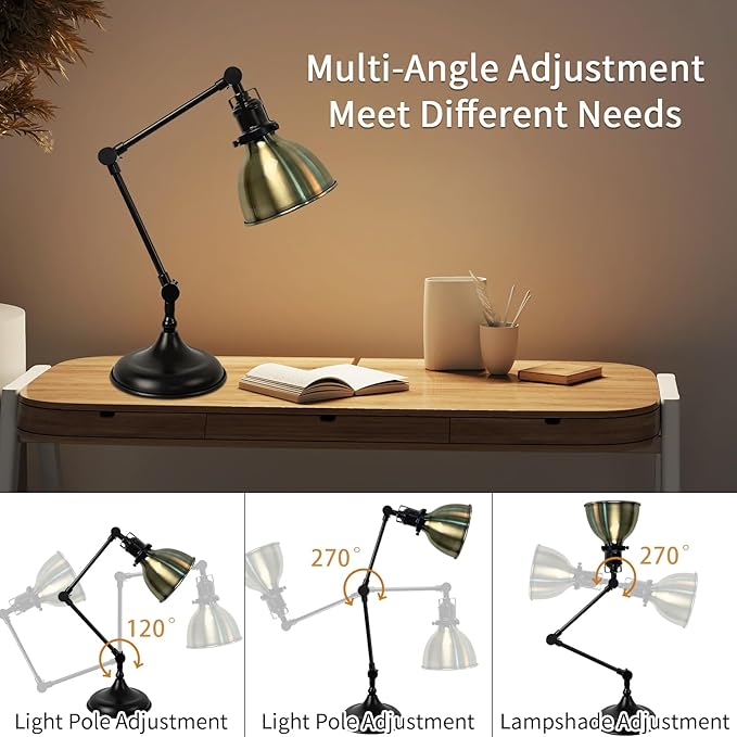 Desk Lamp for Home Office, Desk Light with Adjustable Multi-Joint Metal Swing Arms Table Lamp, Industrial Table Light for for Home Office, Work, Study, Reading, E26 Base (Antique Brass)