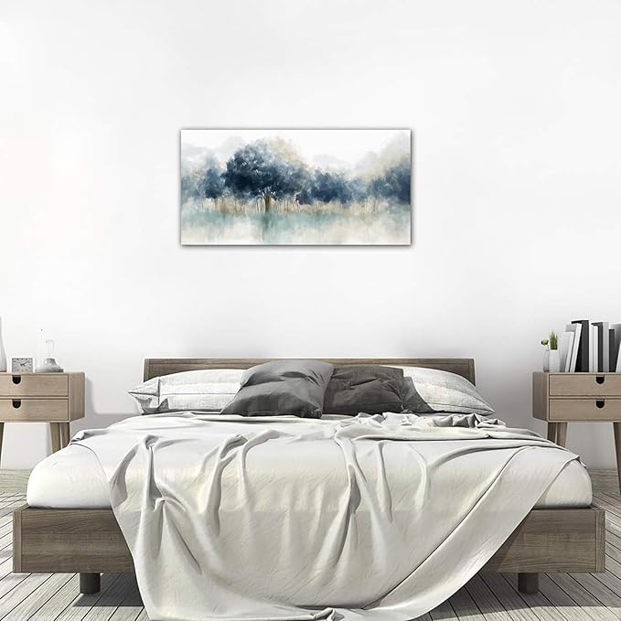 yearainn Foggy Forest Canvas Wall Art - Indigo Blue Abstract Trees Pictures for Wall Decor Nature Canvas Painting Modern Printing Artwork for Living Room Bedroom Home Office Wall Decoration 24" x 48"