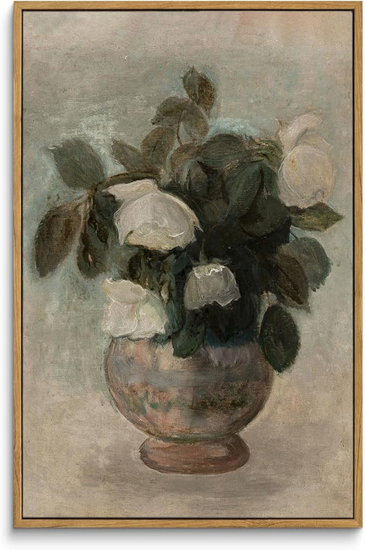 InSimSea Framed Canvas Prints Art Vintage Decor, Large Flowers in Vase Paintings Wall Art, Floral Pictures Home Decor for Bedroom Bathroom, Kitchen Office Living Room Wall Decoration, 16"x24"