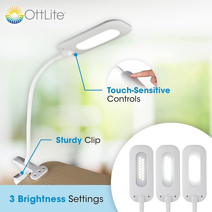 OttLite Flexible Soft Touch LED Clip Lamp with ClearSun LED Technology - Sturdy Clip Light is Dimmable & Flexible - Travel-Friendly & Portable Reading Lamp for Home, Desks, Tables, & Bookshelves