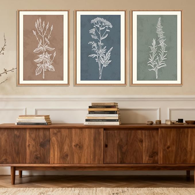 HLNIUC Neutral Botanical Framed Wall Art Set, Boho Minimalist Plant Canvas Wall Decor, Vintage Leaf Wall Painting, Nature Floral Silhouette Art Print for Bedroom, Living Room, Study - 24”x36”x3