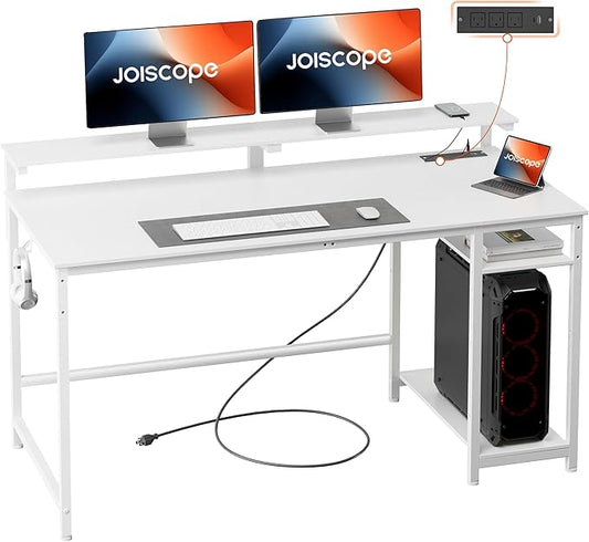 JOISCOPE Home Office Desk with Power Outlets (3AC, USB, Type-C), 55 × 20 Inch Computer Desk with Reversible Shelves, Laptop Table with Display Riser, Gaming Study Drafting Table for Bedroom, White