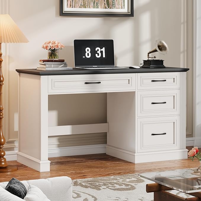 Farmhouse 47" Executive Desk, Computer Desk with Drawers and File Drawer, Workstation Computer Desk with Charging Station for Home Office, Study,(Black