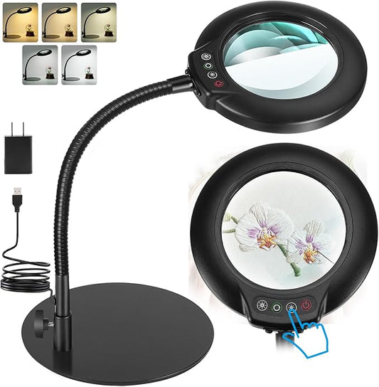 10X Magnifying Glass with Light, Real Glass Lens, 5 Color Modes Dimmable, Flexible Gooseneck Lighted Magnifier with Stand, LED Desk Lamp Hands Free for Crafts Painting Sewing Reading Close Work