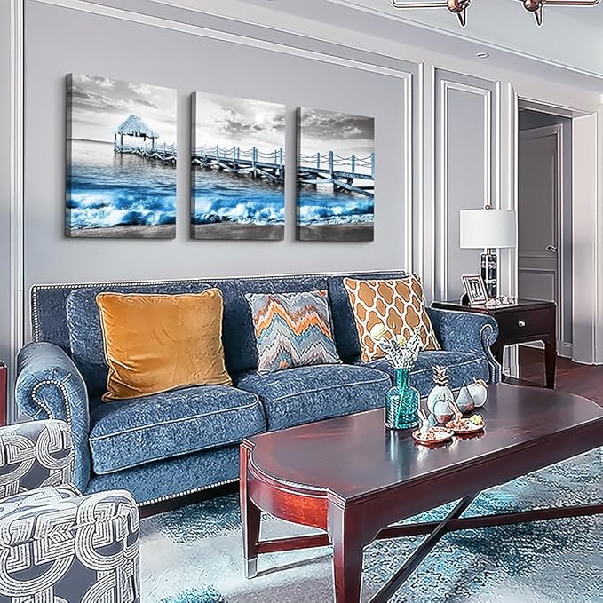 DZRWUBHS Black And White Beach Wall Art - 3 Piece Framed Posters For Living Room, Bedroom, Office - Ocean Sea Wave Pictures