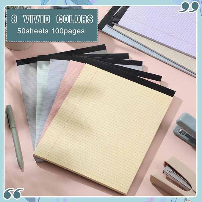 Fuutreo 8 Pcs 8.5'' x 11'' Colored Legal Pad 50 Sheets Per Writing Pads Narrow Ruled Notepad Perforated Writing Notepad Office Supplies for College Office Business (Aesthetic Color)